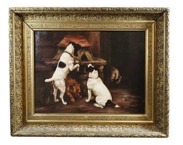 Oil on canvas painting with dogs after work by Lucy Ann Beavers