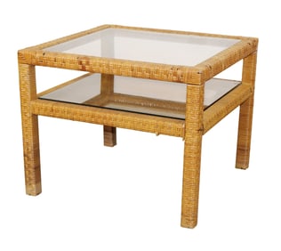 Vintage woven rattan and glass top side table