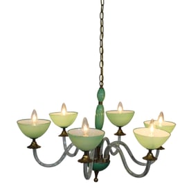 6 arm Venetian green and clear glass chandelier