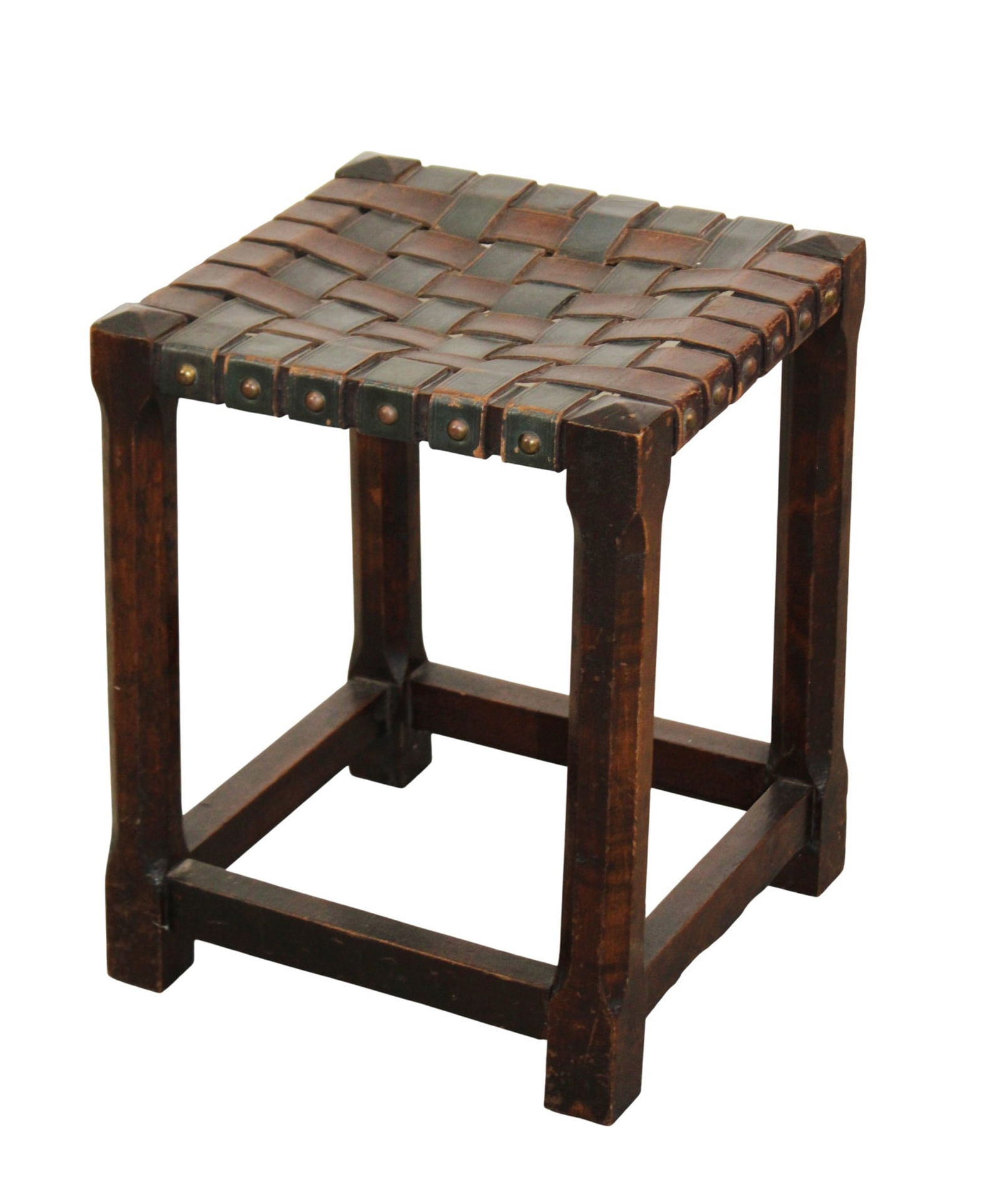 French Brutalist oak stool with woven leather seat: French Brutalist oak stool with woven leather seat. Mid 20th century. 14 1/8"h x 11"square