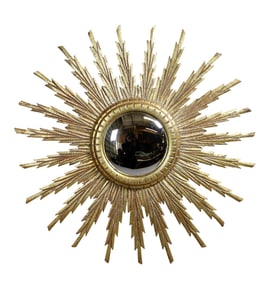 French  wood sunburst mirror with convex mirror and gold finish