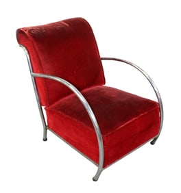 French Art Deco reclining club chair with tubular steel and velvet upholstery