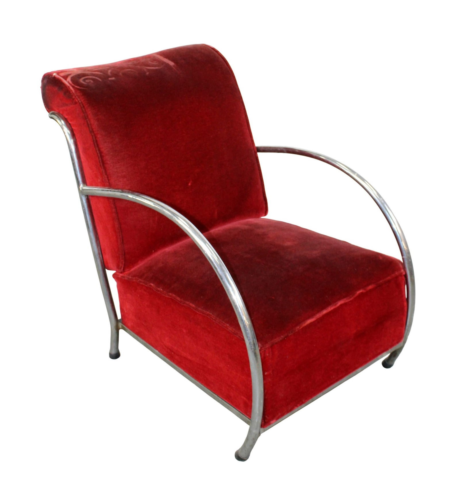 French Art Deco reclining club chair with tubular steel and velvet upholstery: French Art Deco reclining club chair with tubular steel and velvet upholstery. Mid 20th century. 33"h x 21 1/2"w x 32 1/2"d