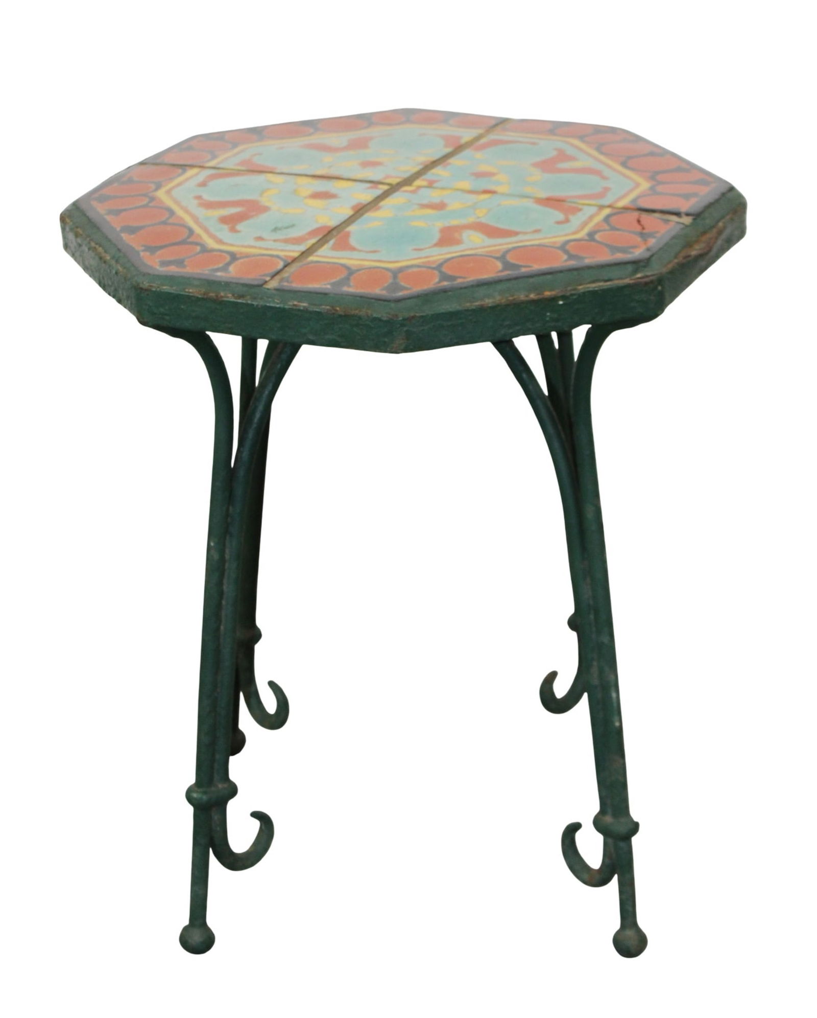 California pottery tile top garden table on iron base: California pottery tile top garden table on iron base. Attributed to Malibu Potteries. 20 3/4"h x 19"w x 19"d