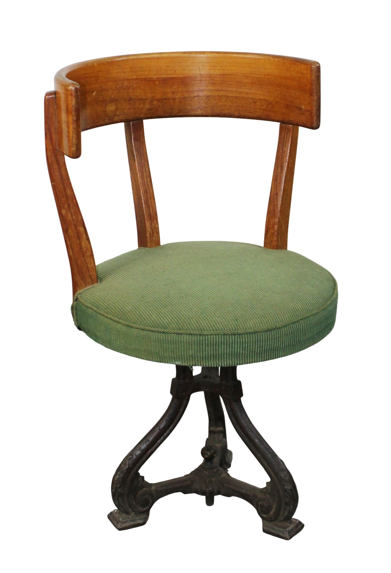 French iron base swivel desk chair with curved back and upholstered seat: French iron base swivel desk chair with curved back and upholstered seat. 32"h x 19 1/4"dia Seat: 17 1/4"h