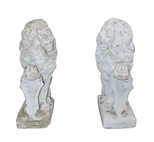 Pair of painted cast garden stone entry lions