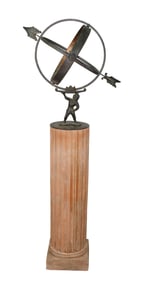 Iron garden armillary sundial sphere on fluted terra cotta column base