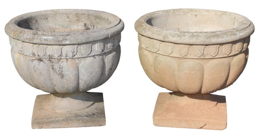 Pair of cast garden stone pedestal base planters