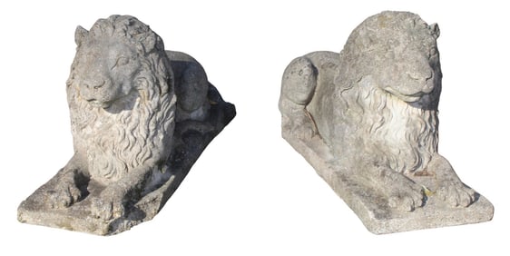 Pair of cast garden stone lying lions