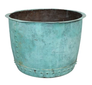 Verdigris copper planter with rivets