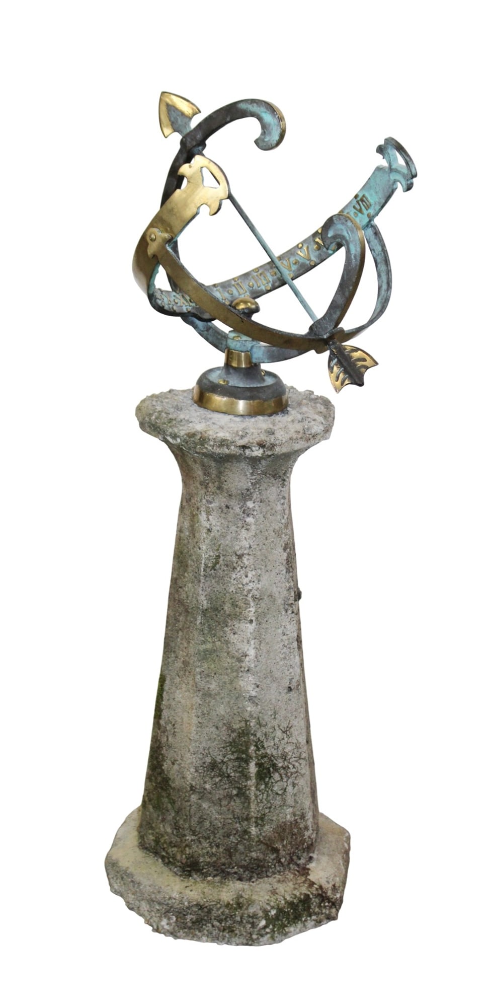 Verdigris bronze armillary sphere sundial on cast garden stone pedestal (1 of 9)