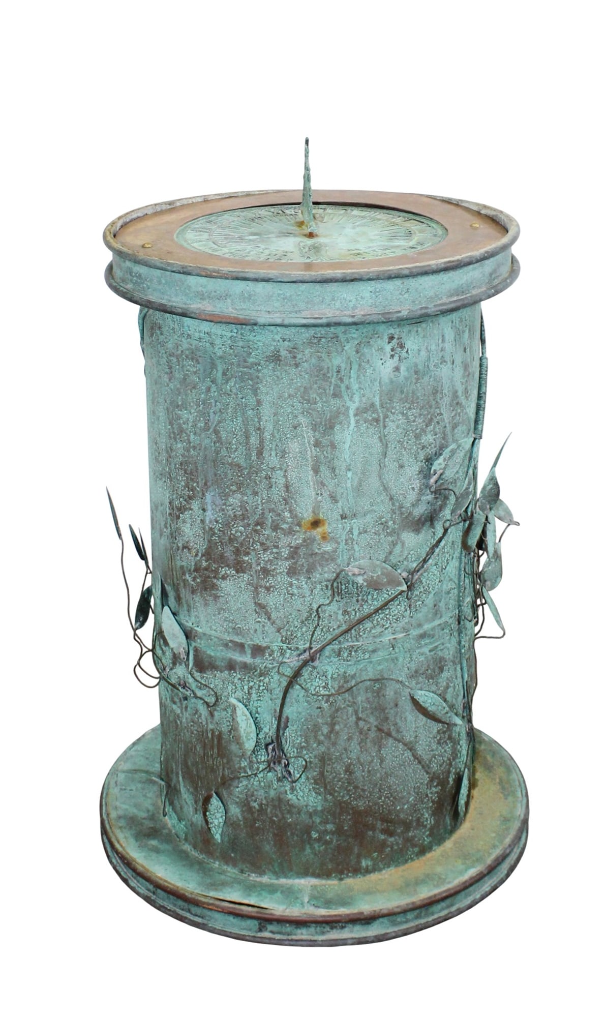 Verdigris copper pedestal with vines and sundial top: Verdigris copper pedestal with vines and sundial top