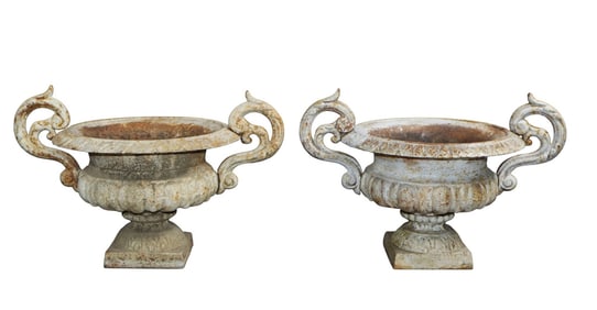 Pair of French petite cast iron double handled classical garden urns