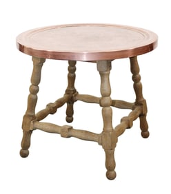 French side table with hammered polished copper top on bleached turned legs