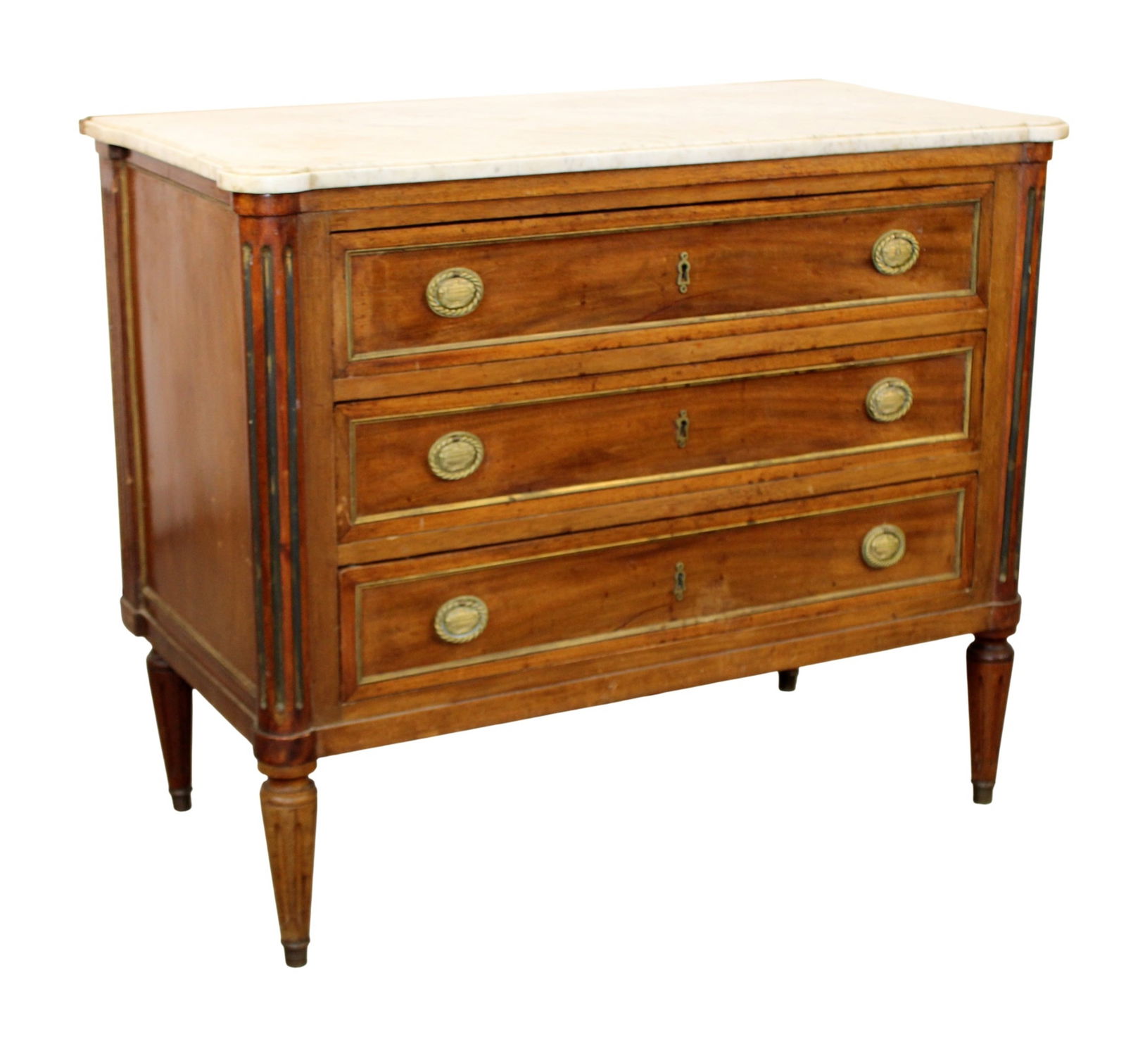 French Louis XVI style petite commode in walnut with marble top: French Louis XVI style petite commode in walnut with marble top. Early 20th century. 30"h x 36"w x 18 3/4"d