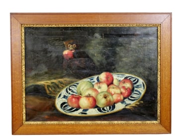 French oil on canvas painting still life with fruit and monkey
