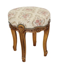 French Louis XV style round seat carved walnut stool with upholstered seat