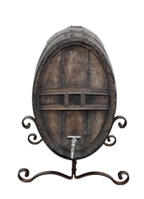 French iron banded oak wine barrel on iron support
