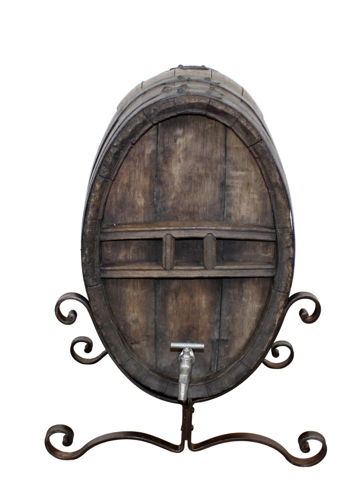 French iron banded oak wine barrel on iron support: French iron banded oak wine barrel on iron support. Early 20th century. Barrel alone 19 1/2"h x 21 1/2"l x 13"d Overall on stand 25"h x 18 3/4"w