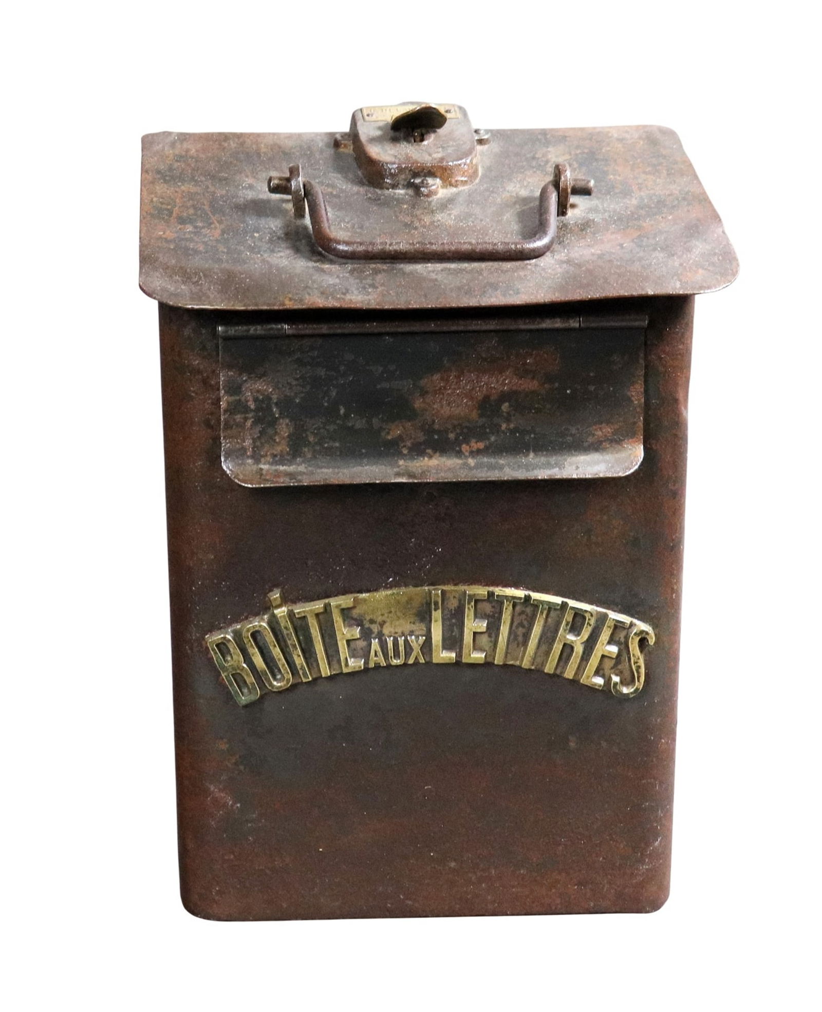 19th century Paris boite aux lettres (letter box): 19th century French iron "boite aux lettres" letter box from Paris. With brass name plate and original key. 13 1/2"h x 9 1/2"w x 7 7/8"d