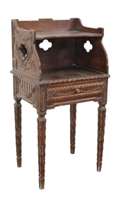 French Louis XVI style carved oak side table with trefoil cut outs