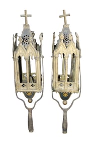 Pair of French Gothic Revival metal wall mount lantern sconces