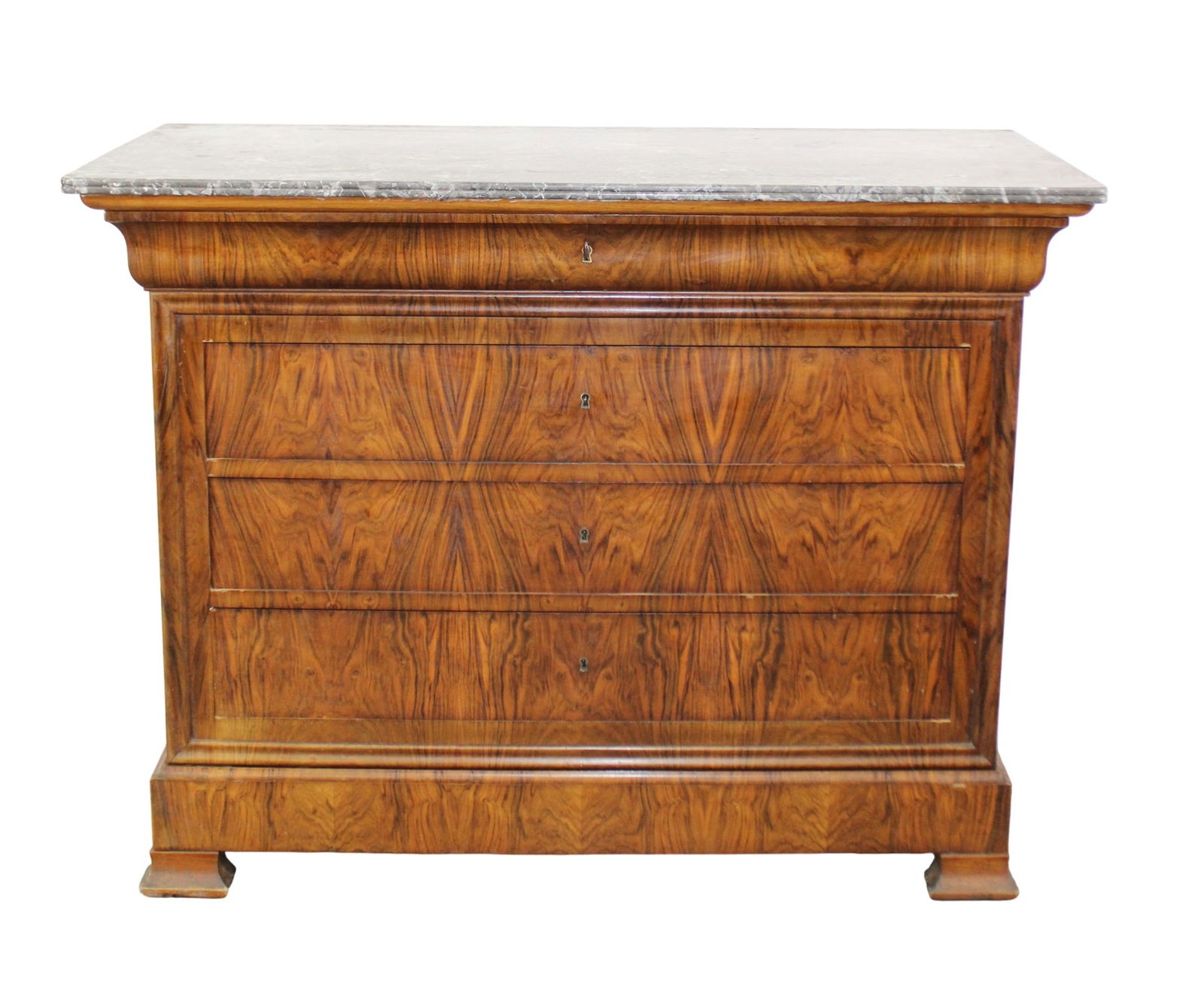 French Louis Philippe commode in burled walnut with marble top: French Louis Philippe commode in burled walnut with marble top. 38 3/4"h x 50 3/8"w x 22 7/8"d