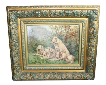 French oil on board painting with dogs