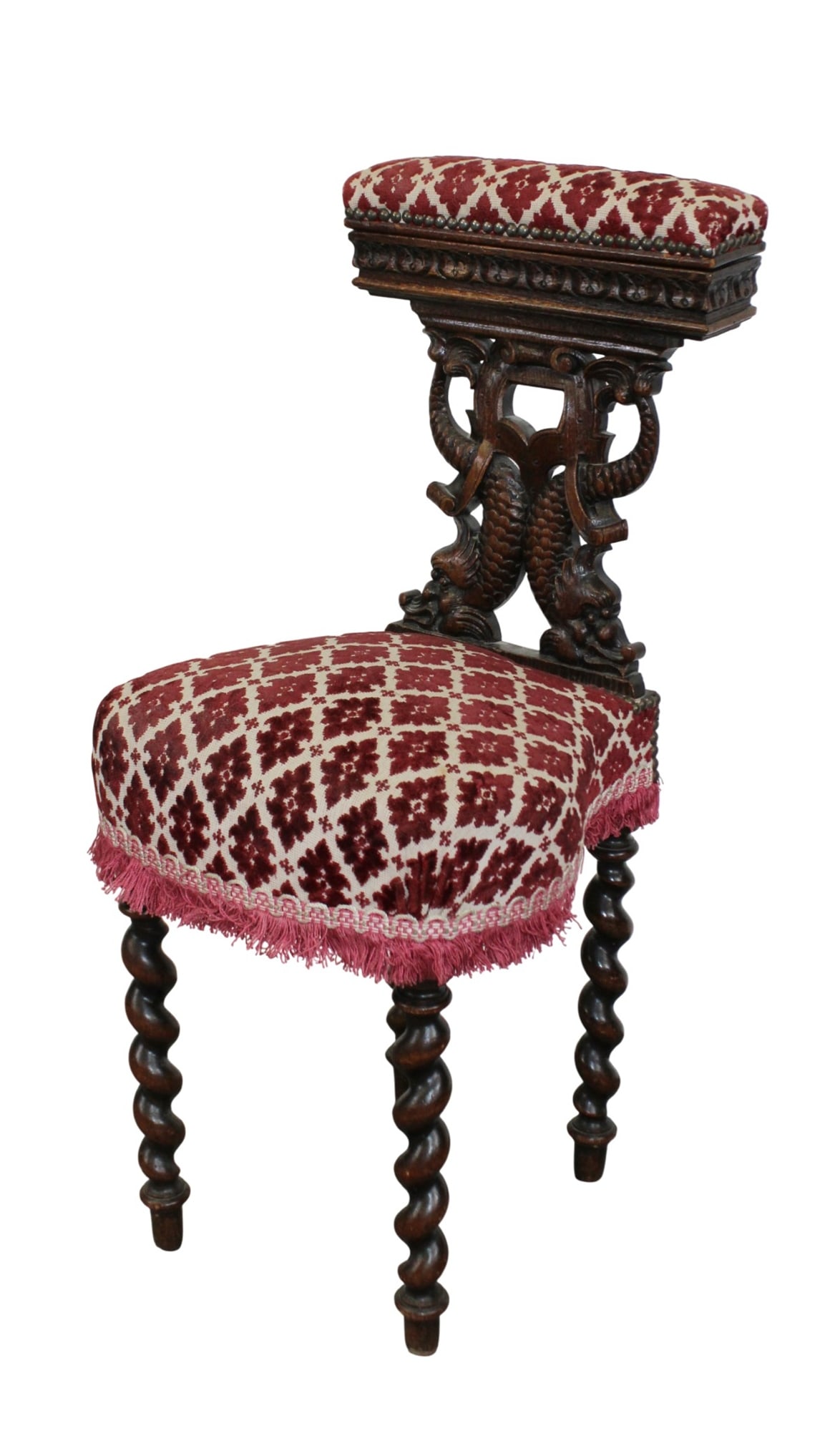 French smoking chair in walnut with carved dolphins: French smoking chair in walnut with carved dolphins. Late 19th century. 32"h x 15"w x 15"d Seat 18"h