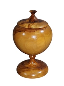 French turned olive wood lidded footed urn