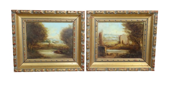 Lot of 2 small French oil on board landscape paintings