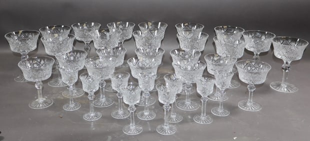 Lot of 34 American wheel cut crystal stemmed glasses