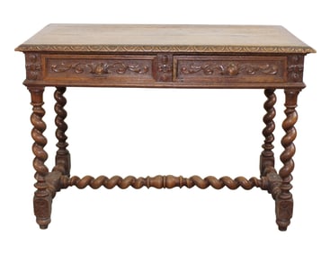 French bureau plat desk in oak with 2 drawers and barley twist legs