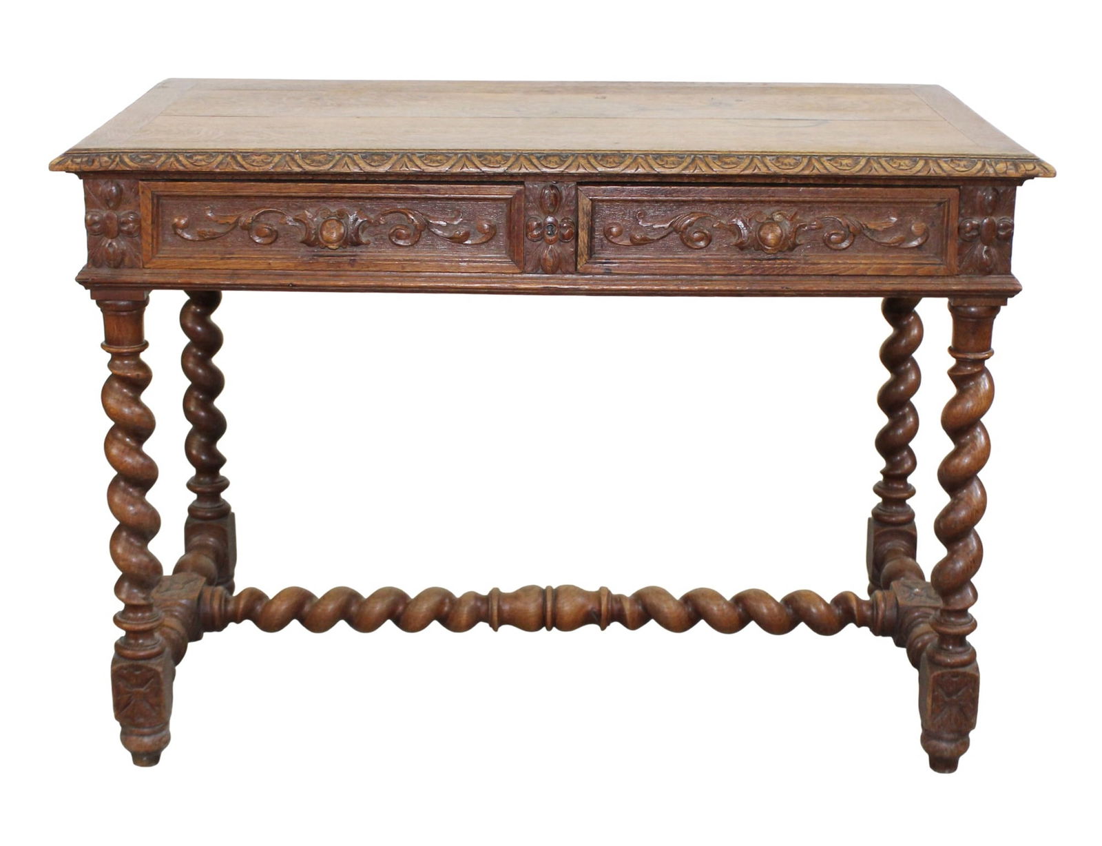 French bureau plat desk in oak with 2 drawers and barley twist legs (1 of 7)