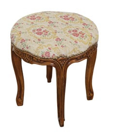 French Louis XV style round seat carved walnut stool with upholstered seat