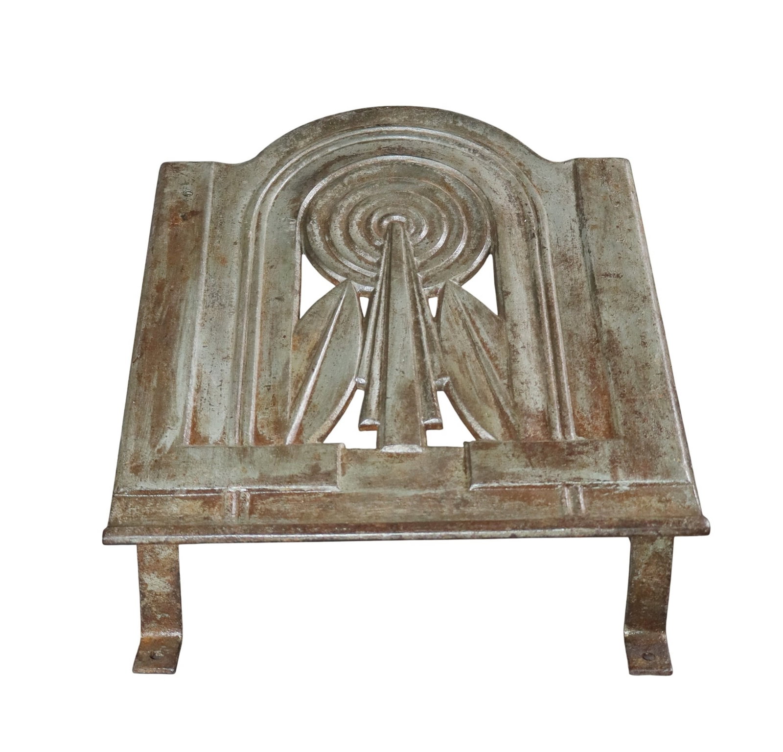 French Art Deco cast iron barber shop foot rest: French Art Deco cast iron barber shop foot rest. Circa 1930's. 8 1/2"h x 10 1/2"w x 10"d. Weight: 7lbs