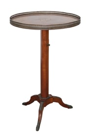 French Louis XVI style telescoping gueridon table with floral top with brass gallery