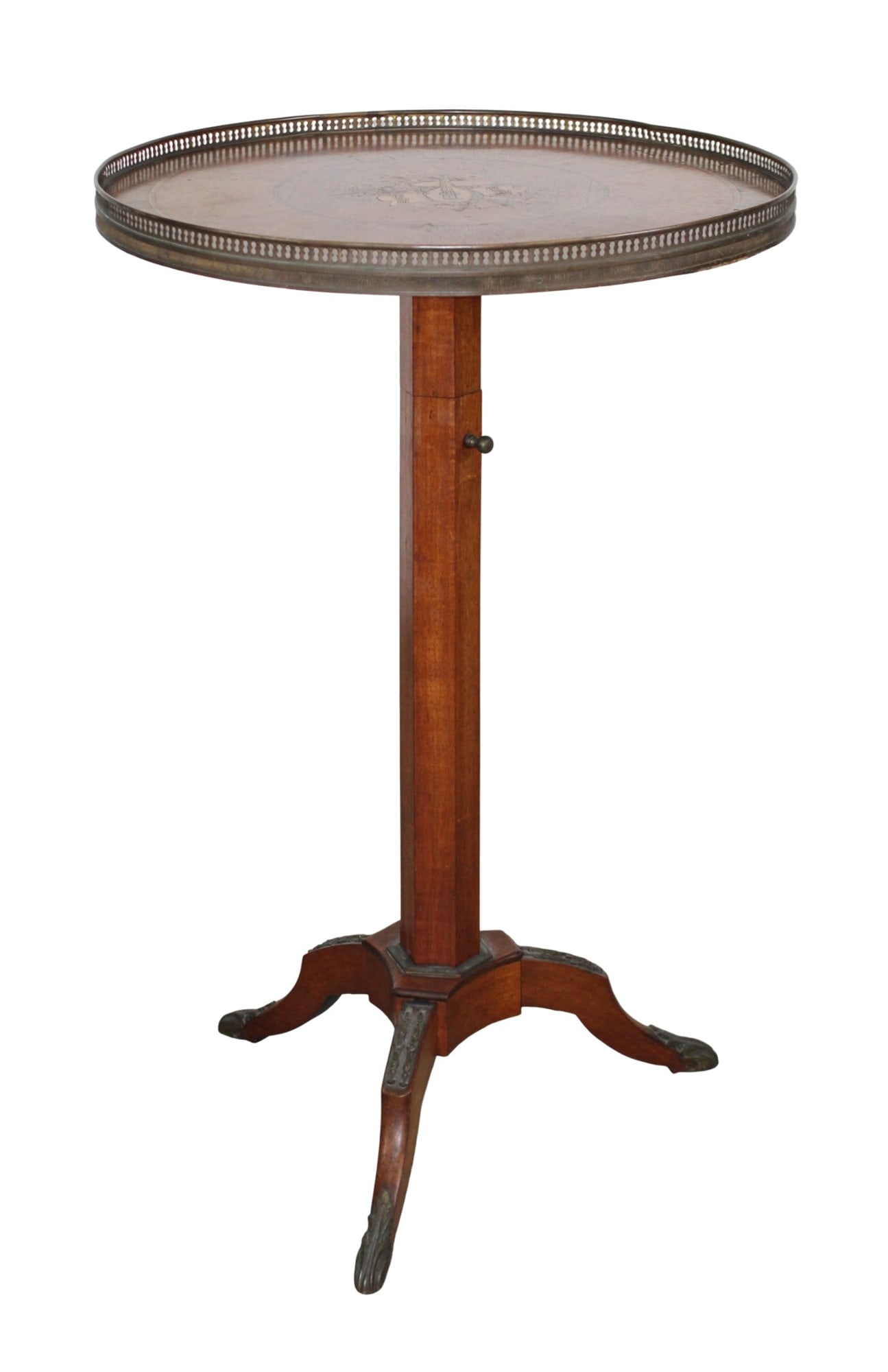 French Louis XVI style telescoping gueridon table with floral top with brass gallery (1 of 8)