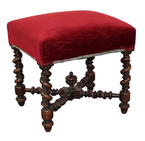 French foot stool in walnut on barley twist legs with cross stretcher