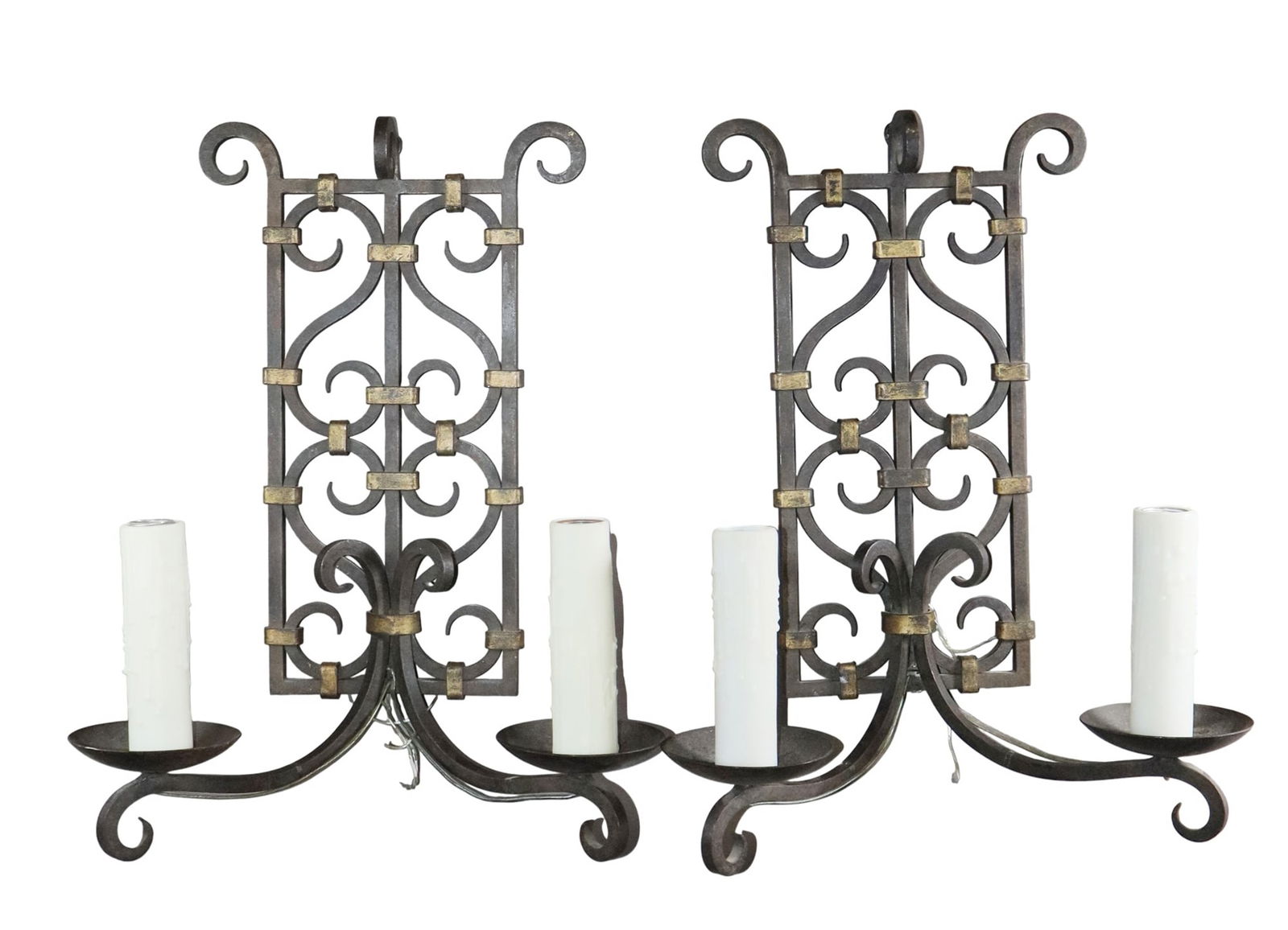 Pair of French wrought iron wall sconces: Pair of French wrought iron wall sconces. Mid 20th century. 19"h x 14 1/12"w x 6"d