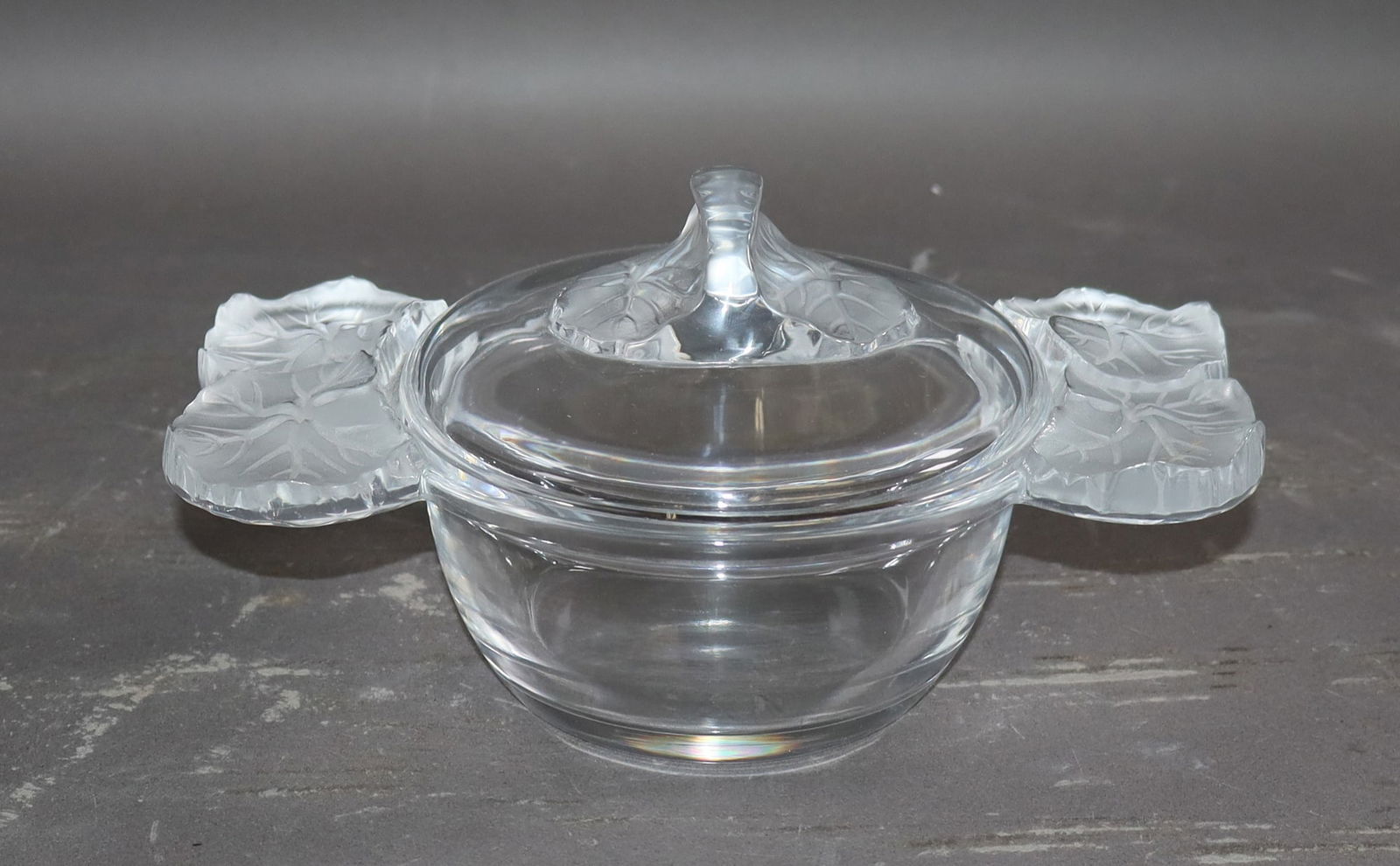 Lalique Honfleur crystal lidded candy dish: Lalique Honfleur crystal lidded candy dish. 4"h x 8"w x 6"d. Weight: 2lbs