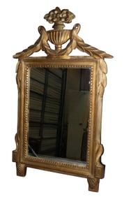 Petite French Louis XVI style mirror with swags and a basket of flowers on the crown