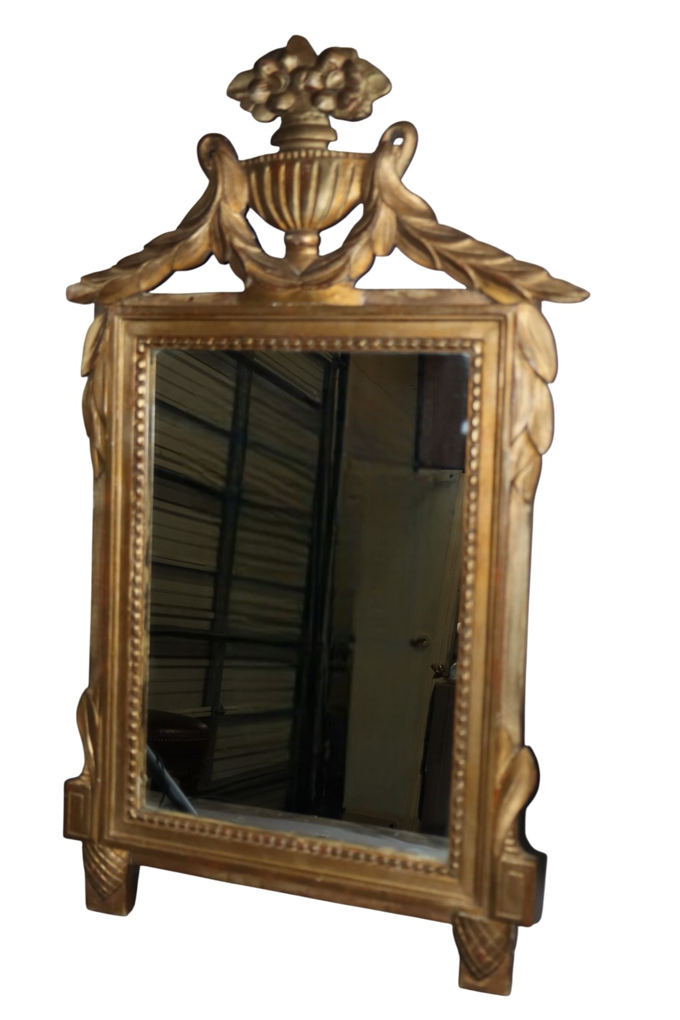 Petite French Louis XVI style mirror with swags and a basket of flowers on the crown (1 of 6)