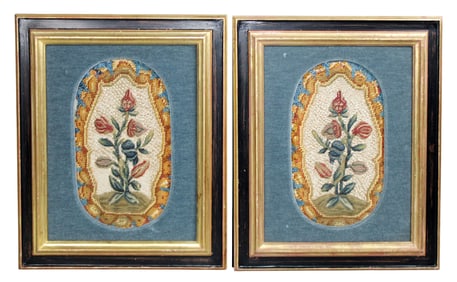 Lot of 2 framed English floral needlepoints