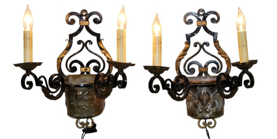Pair of French wrought iron wall sconces with copper jardinieres