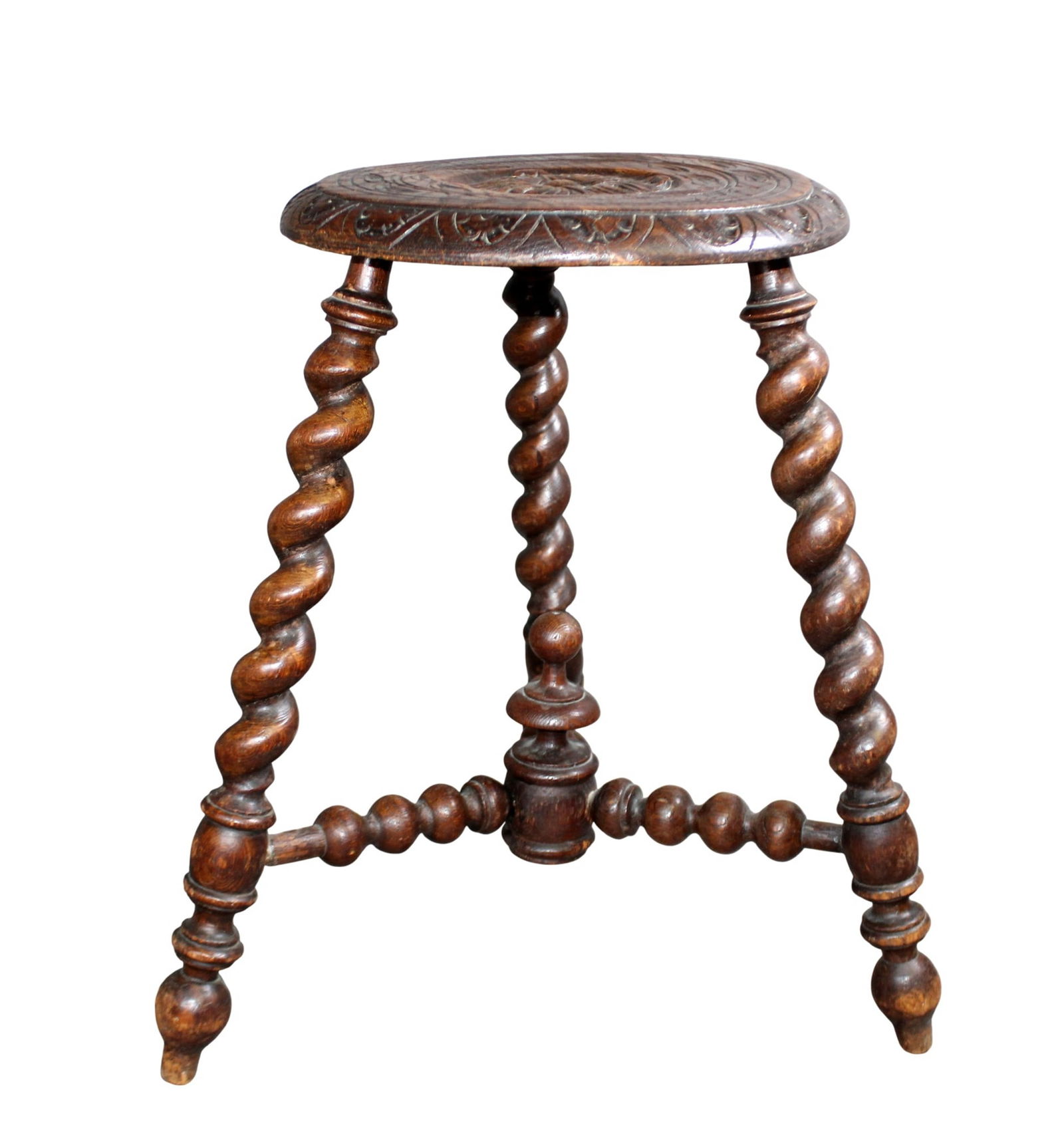 French petit round seat barley twist 3 leg stool: French petit round seat barley twist 3 leg stool in oak. Late 19th century. 19 1/4"h x 12"dia seat (18"w at legs)