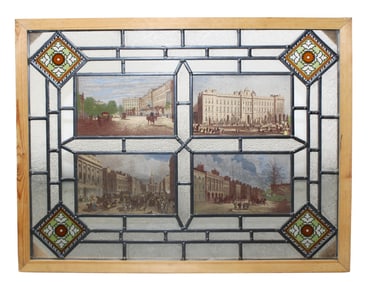 Stained and leaded glass window depicting London street scenes