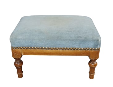 French petit foot stool in walnut with blue studded upholstery
