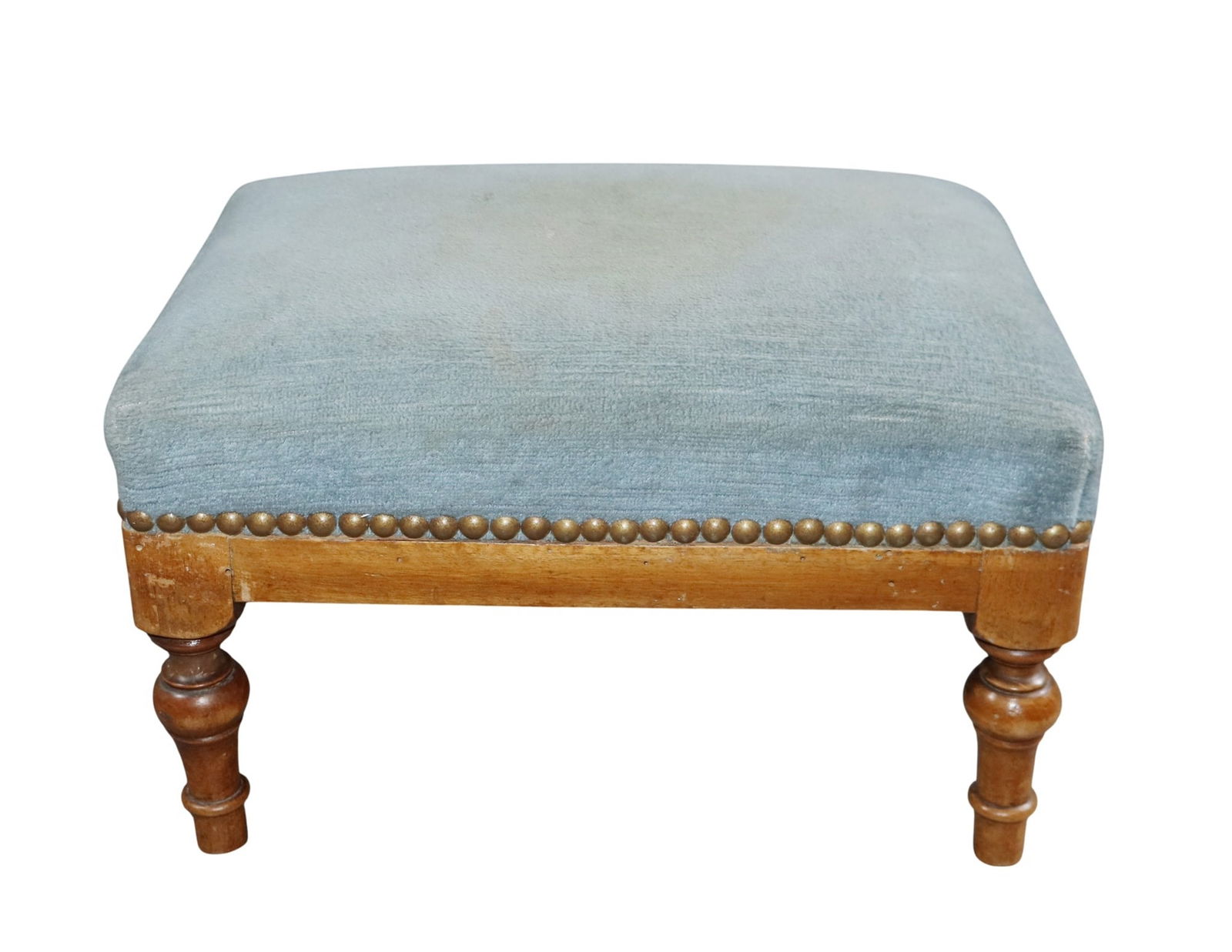 French petit foot stool in walnut with blue studded upholstery: French petite foot stool in walnut with blue studded upholstery. Early 20th century. 8 1/2"h x 13 1/2" w x 9"d. Weight: 3lbs