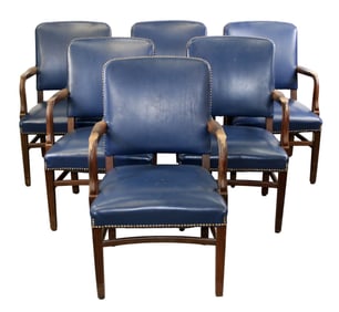 Set of 6 Gunlocke Co Mid century blue leather armchairs